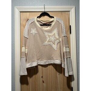POL Cozy Star Patch Colorblock Womens Medium Long Sleeve Beige Tan Oversized